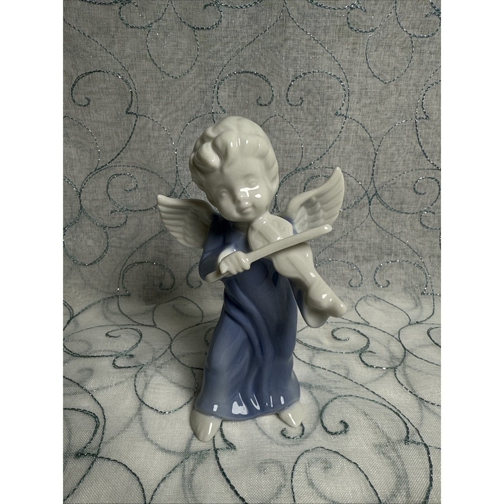 VTG Angel Porcein Figurine‎ Violin Blue Robe White Wings Musical Religious Decor